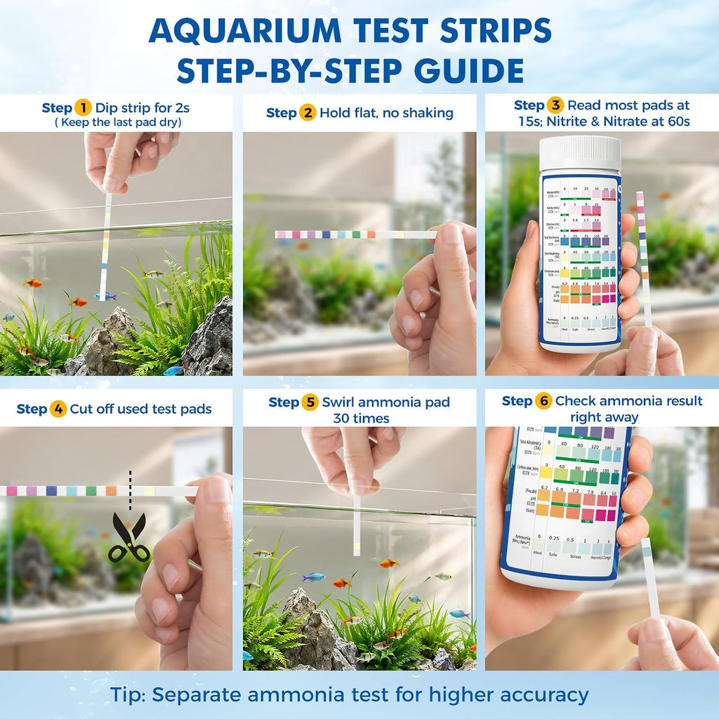 8-Way Aquarium Test Strips with Ammonia, 50PCS Fish Tank Test Kit