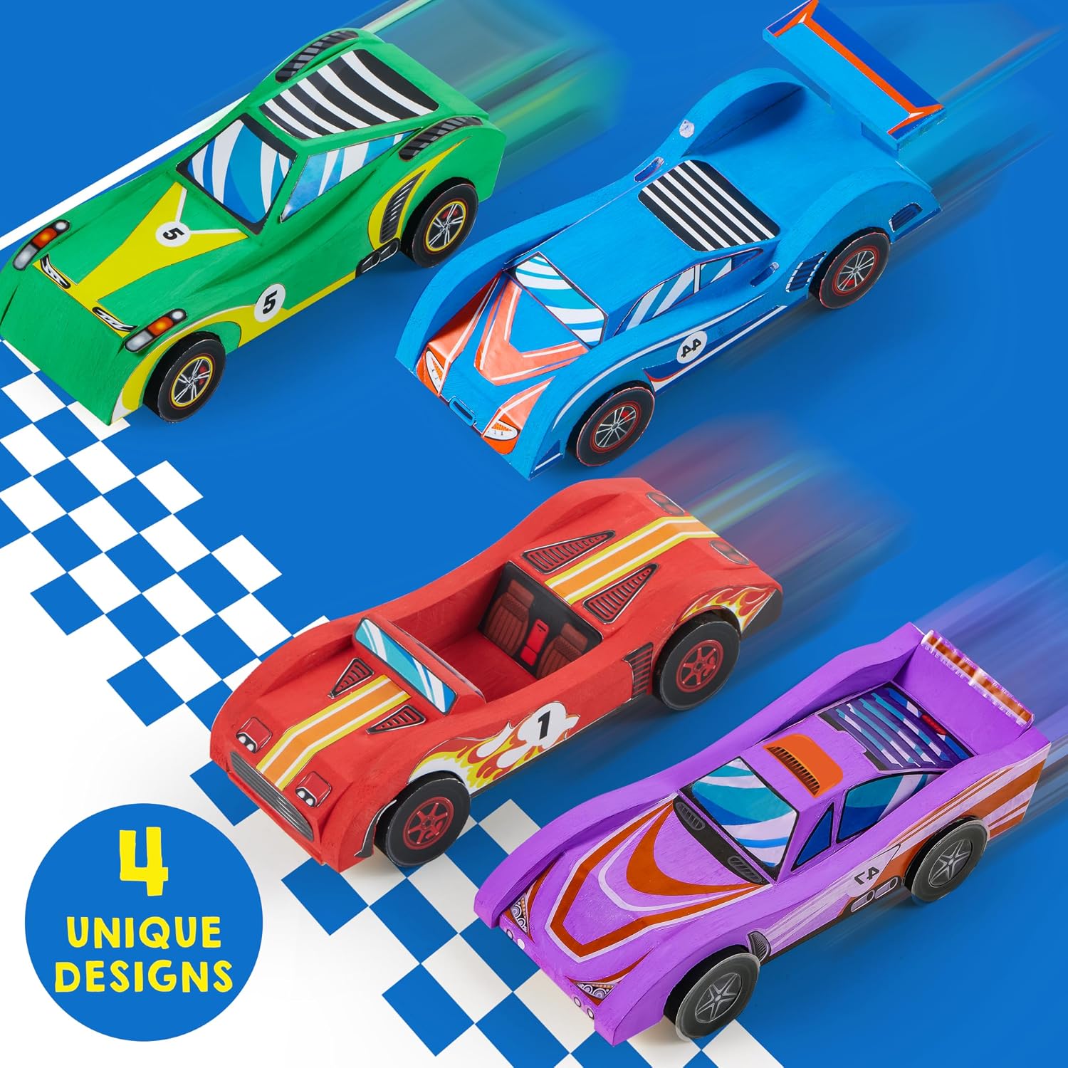 4 DIY Wooden Race Cars-Build & Paint Your Own Wood Craft Kit, 4 Race Cars Toy, Easy to Assemble Arts Crafts Kit