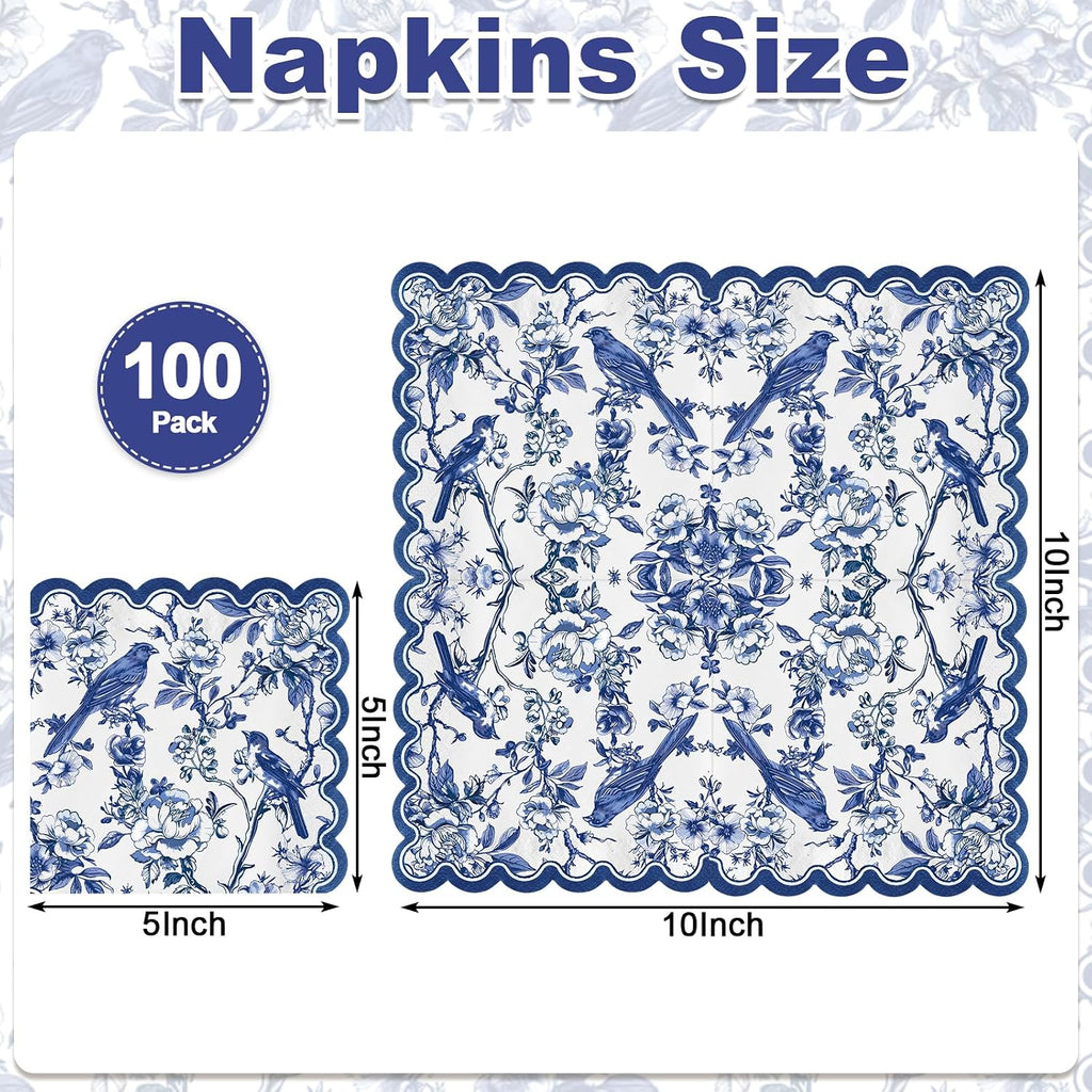 100 Pcs Blue Floral Napkins, 5 x 5 In Scalloped Cocktail Napkins