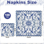 100 Pcs Blue Floral Napkins, 5 x 5 In Scalloped Cocktail Napkins
