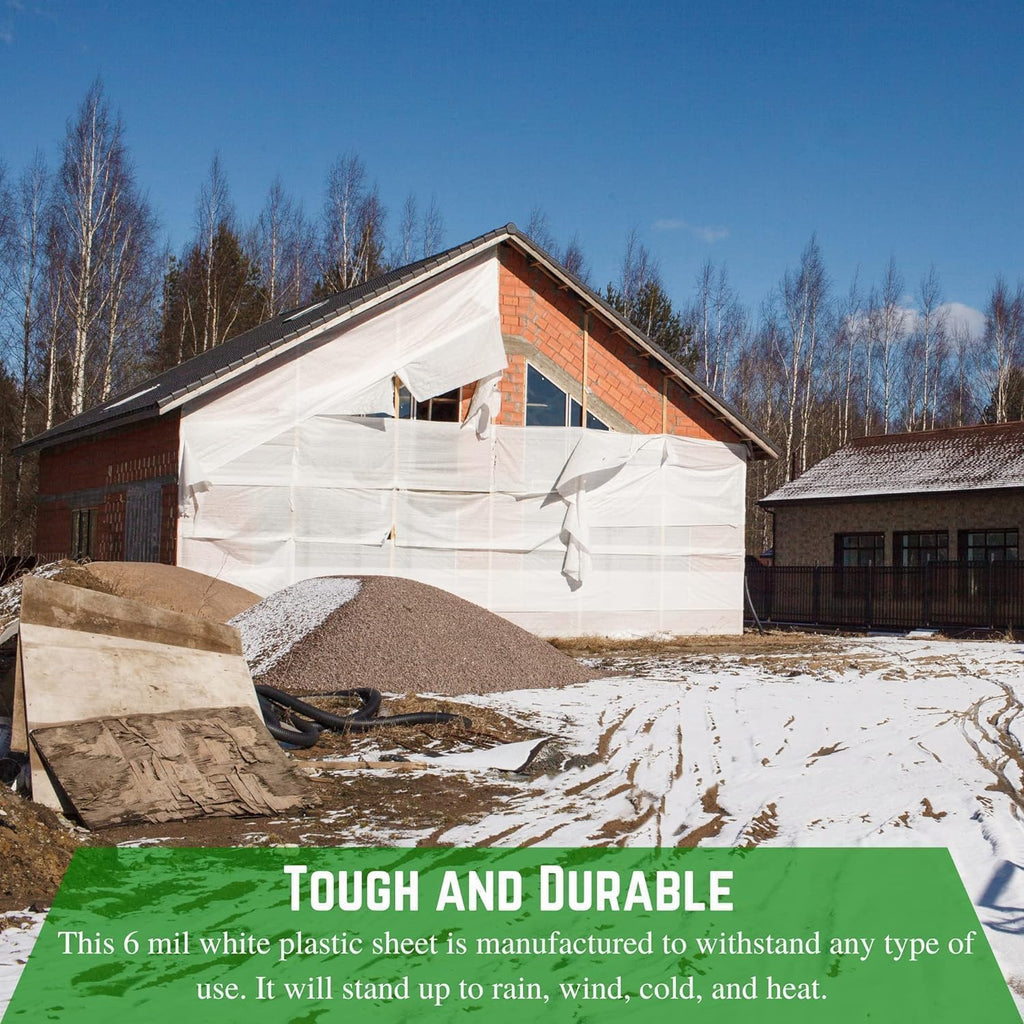 6 mil White Construction Plastic Sheeting - Thick Plastic Sheeting, White Tarp, Dust Containment, Drop Cloth Vapor