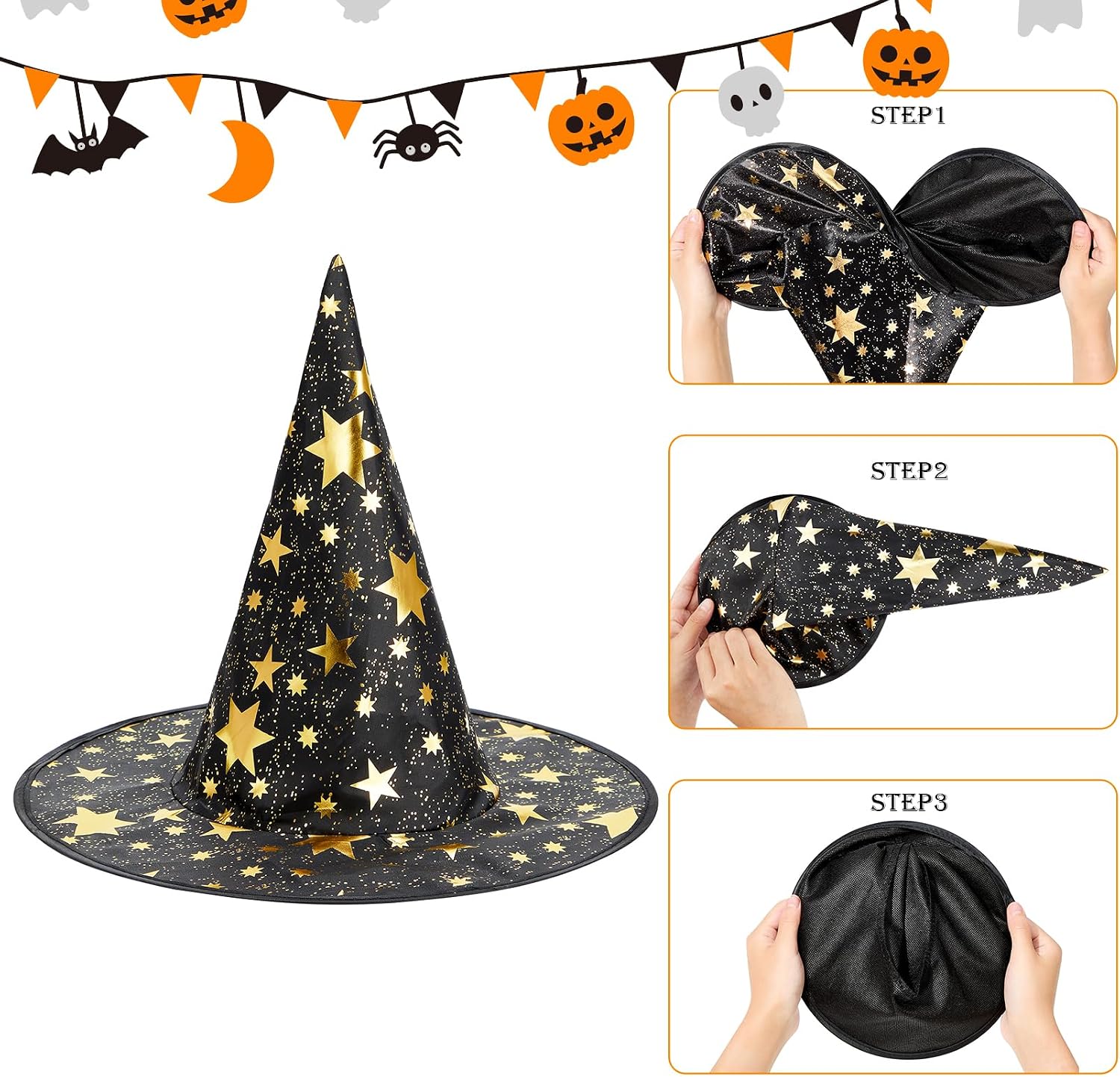 Witch Hat for Women Halloween Wizard Hat with Gold Star Party Hats for Adults Halloween Costume Accessories