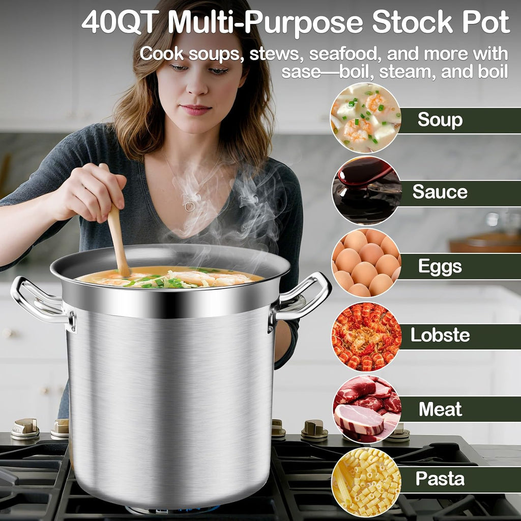 Large Stock Pot-40QT Stainless Steel Stockpot with Lid, Heavy Duty Tri-Ply Bottom Commercial Grade Stock Pot &