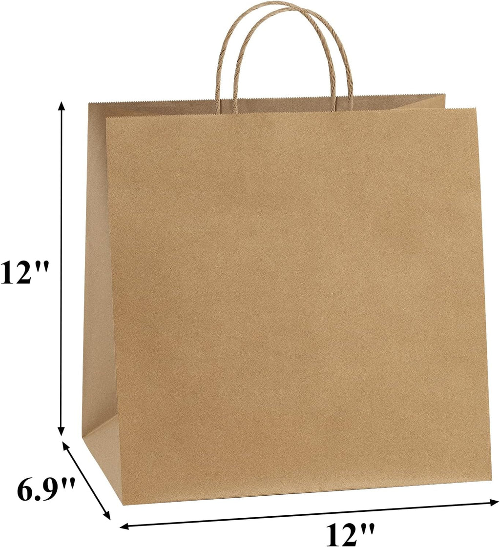 Kraft Paper Bags with Handles 12x7x12 Inch Large Brown 50 Pcs Bulk