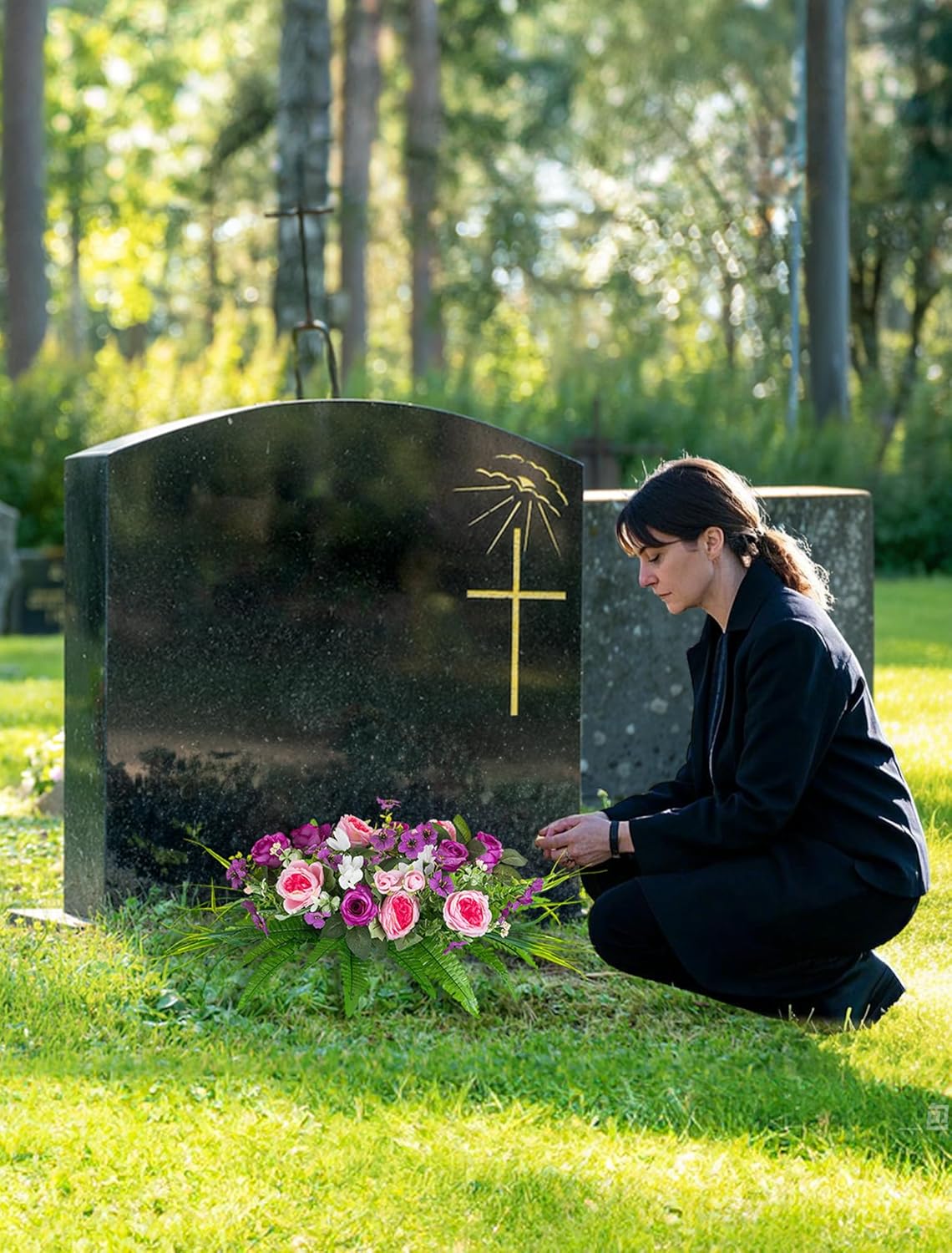 Artificial Cemetery Flowers with Stake: Pink Purple Grave Decor