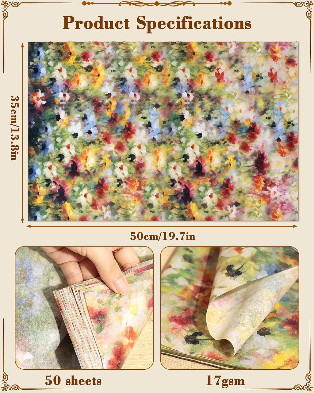 50 Sheets Floral Tissue Paper for Gift Bags,Monet Style Patterned