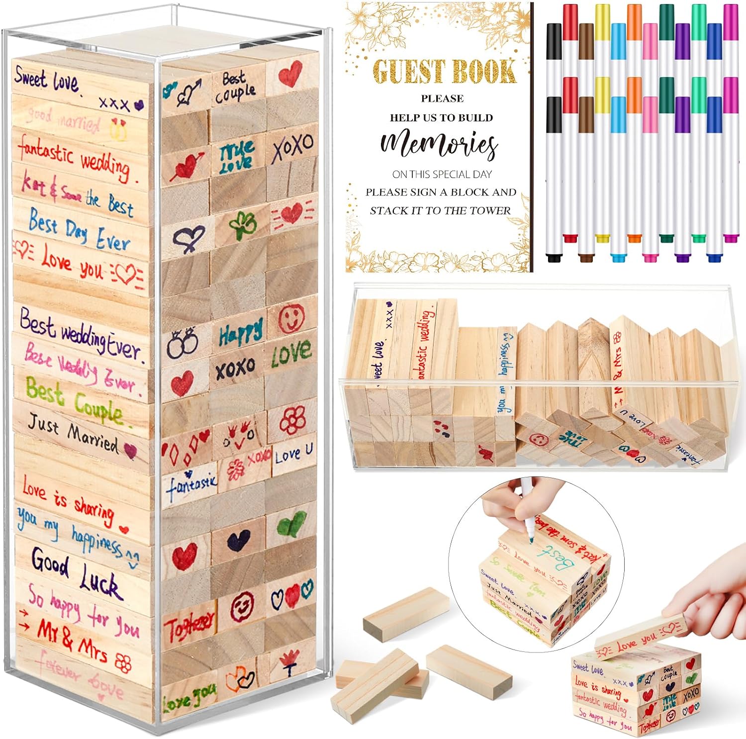 80 Pcs Wedding Guest Book Alternative Wooden Block Guest Book for Wedding Sign in Bridal Shower Decoration 54 Pcs