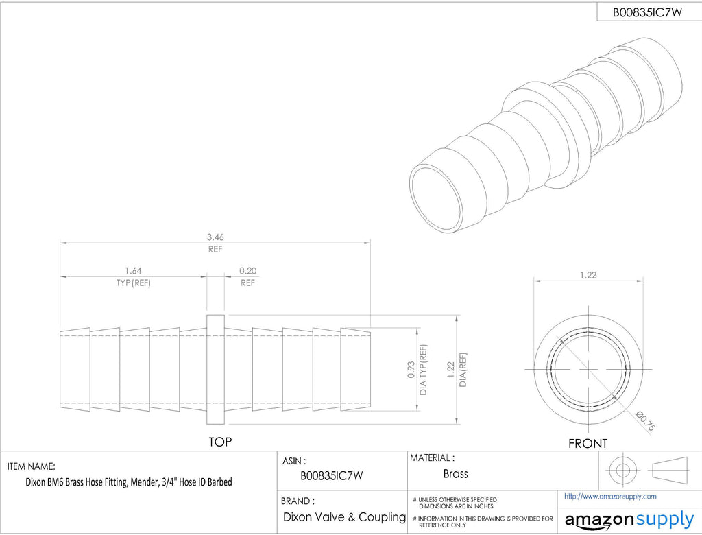 Dixon Valve & Coupling BM6 Brass Hose Fitting, Mender, 3/4" Hose ID Barbed