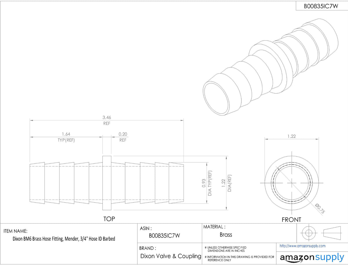 Dixon Valve & Coupling BM6 Brass Hose Fitting, Mender, 3/4" Hose ID Barbed
