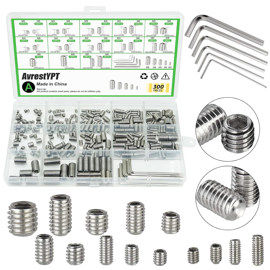 300 Pcs Set Screws, M3 M4 M5 M6 M8 Screws Assortment Kit,Allen Head Screws