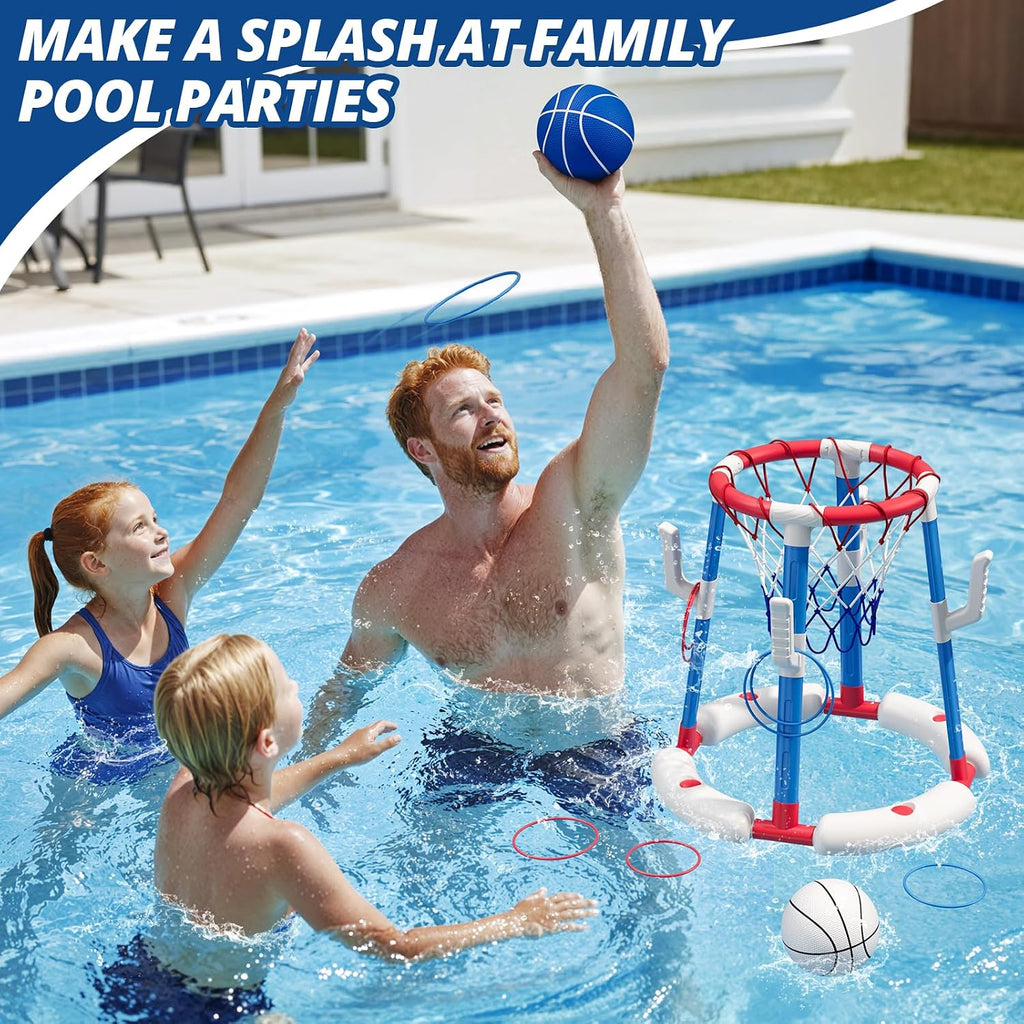 2 in 1 Pool Basketball Hoop with Ring Toss, Floating Pool Toys, Red | Anti-Tip Stable Base with 4 Balls/8 Rings/Pump