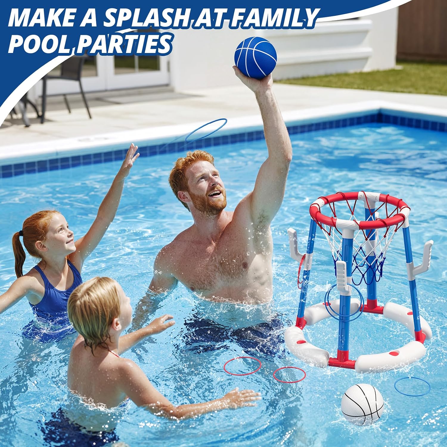 2 in 1 Pool Basketball Hoop with Ring Toss, Floating Pool Toys, Red | Anti-Tip Stable Base with 4 Balls/8 Rings/Pump