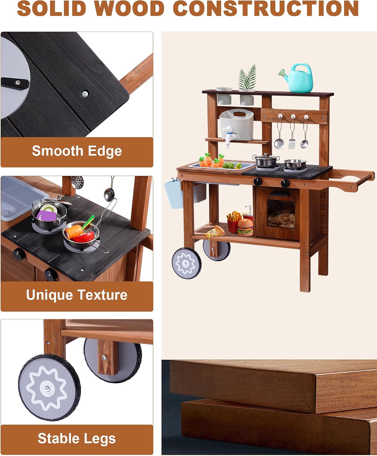 Mud Kitchen for Kids Outdoor with Wheels, Fun Wooden Kid Kitchen Playset for Backyard Pretend Cooking, Outdoor Sink &