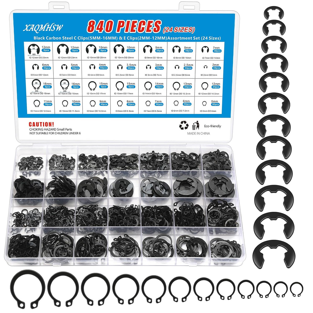 840Pcs C Clips & E Clips Assortment Kit, External Retaining Snap Rings
