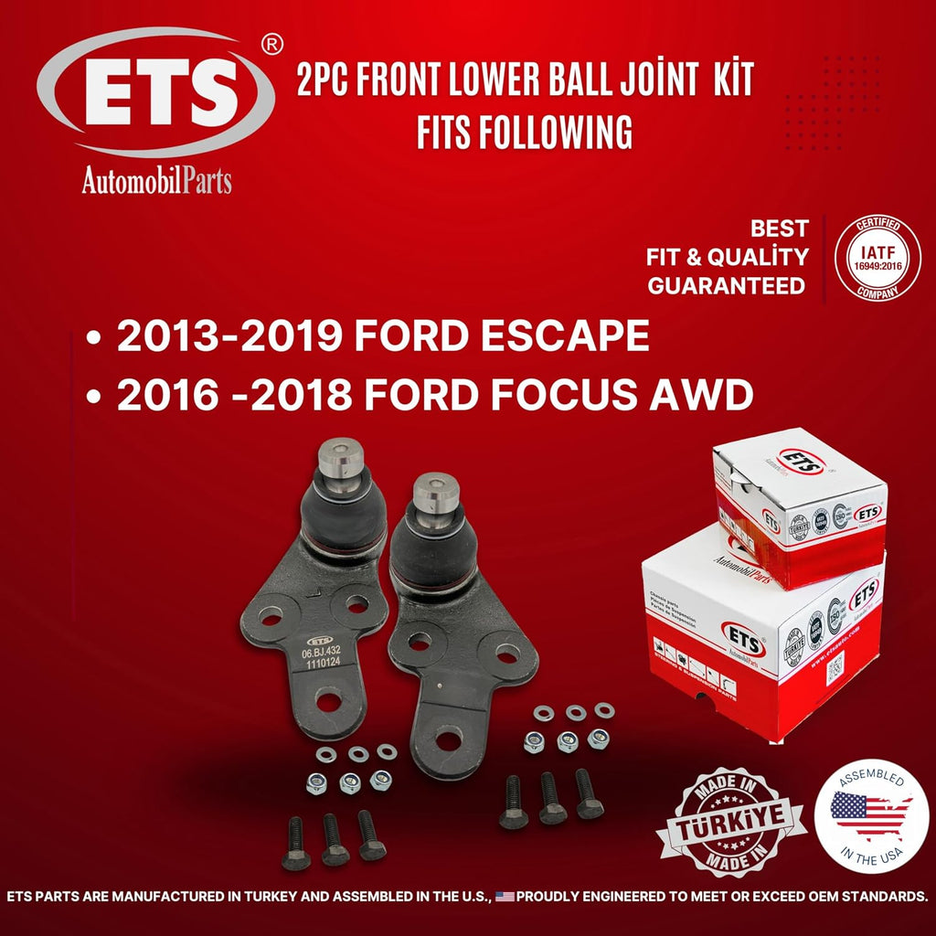 ETS 2Pc Front Lower Ball Joint Kit K500346, K500347 Fits 2016-2018 Ford Focus AWD, 2013-2019 Ford Escape