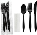 Individually Wrapped Plastic Cutlery Packets/Silverware Kits, Black Fork/Spoon/Knife/Napkin, 100 Sets