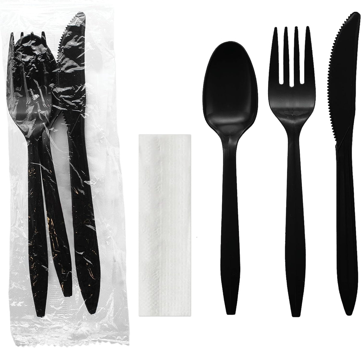 Individually Wrapped Plastic Cutlery Packets/Silverware Kits, Black Fork/Spoon/Knife/Napkin, 100 Sets