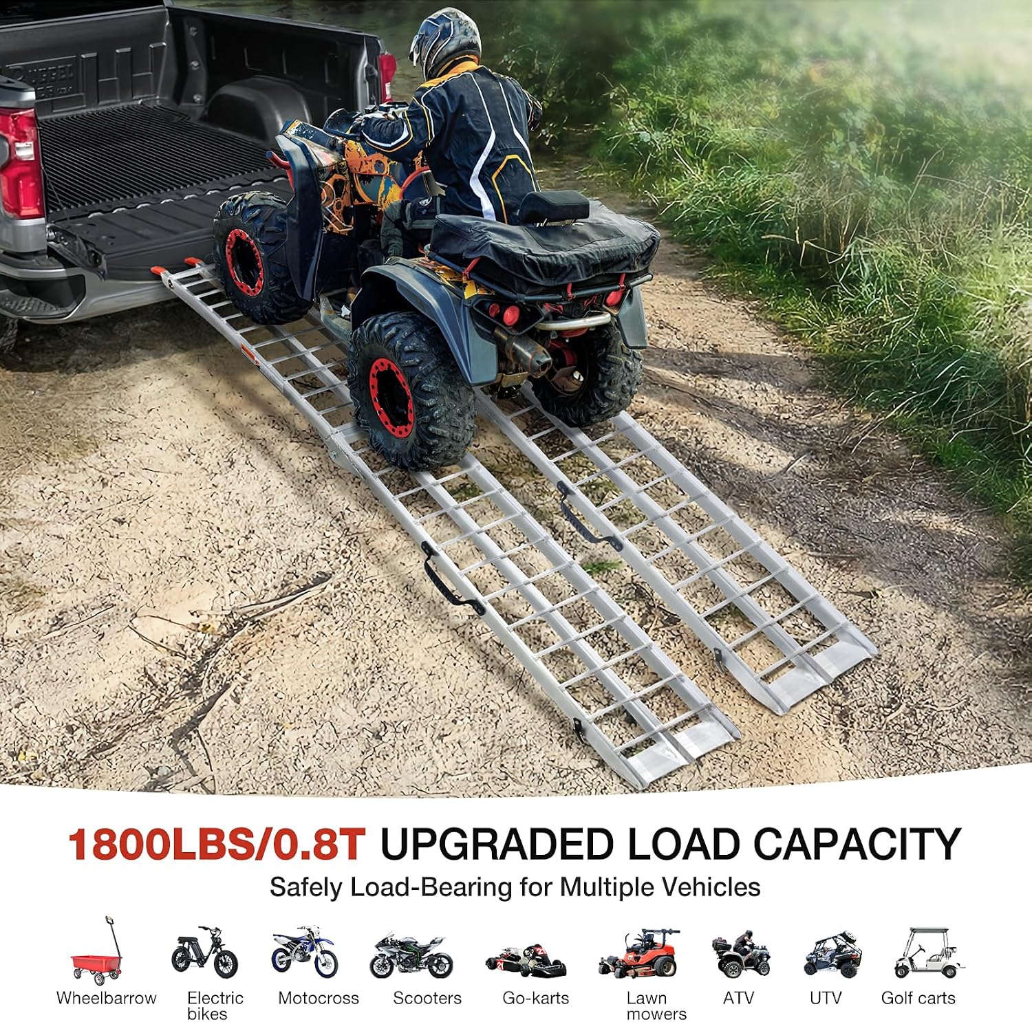 Aluminum Folding Loading Ramps, 1800 lbs Capacity Truck Ramps for Pickup Trucks Bed, Trailers Ramp with Load Straps