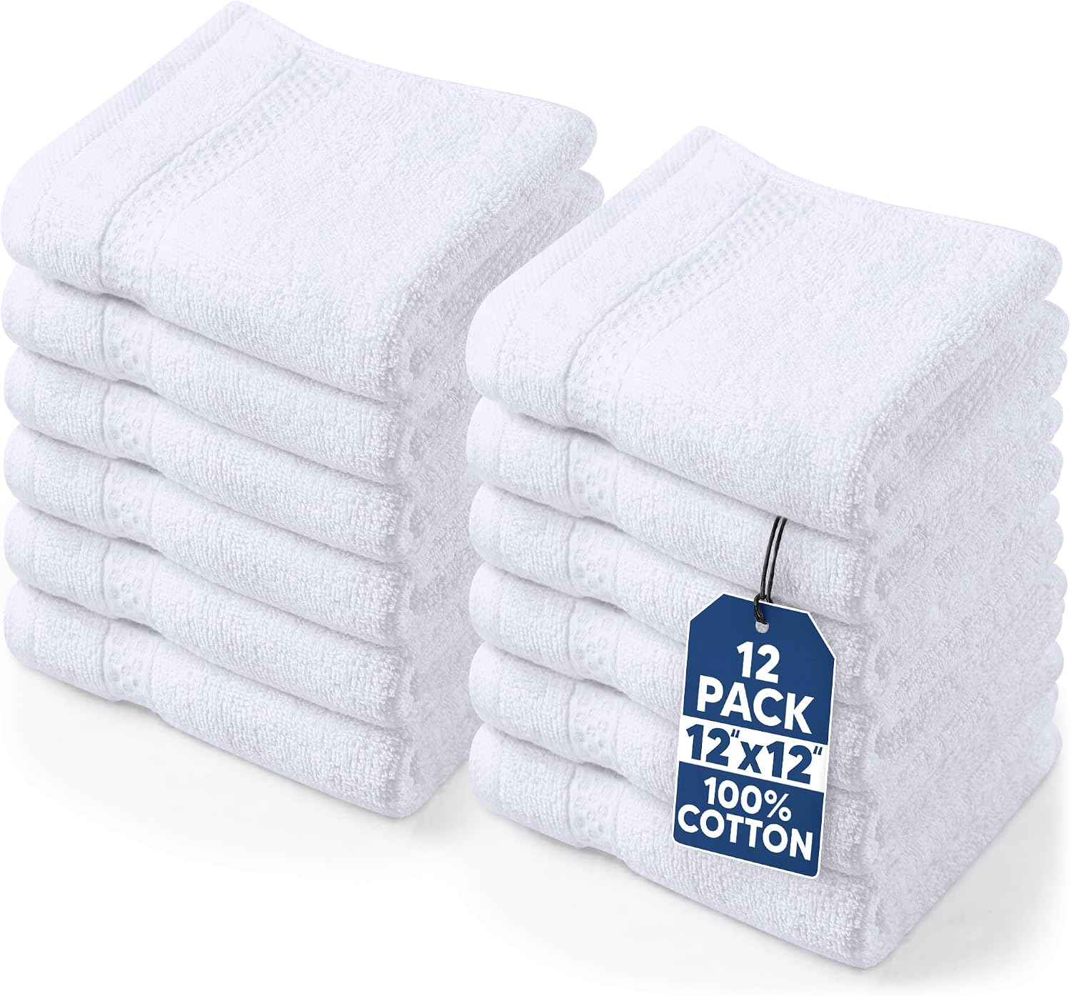 12 Pack Premium Wash Cloths, 12x12 in, 100% Cotton, White | Highly Absorbent Soft Feel Lightweight Washcloths