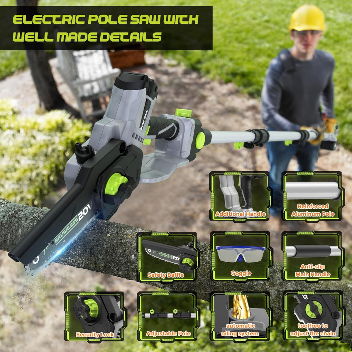 2-in-1 Cordless Pole Saw (2025 Upgraded), 7 Inch Brushless Mini Chainsaw with Extension Pole, Pole Saws for Tree