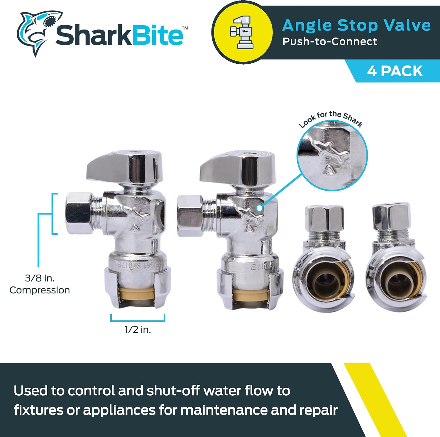1/2 x 3/8 Inch Compression Angle Stop Valve, Pack of 4, Quarter Turn, Push to Connect Brass Plumbing Fitting, PEX