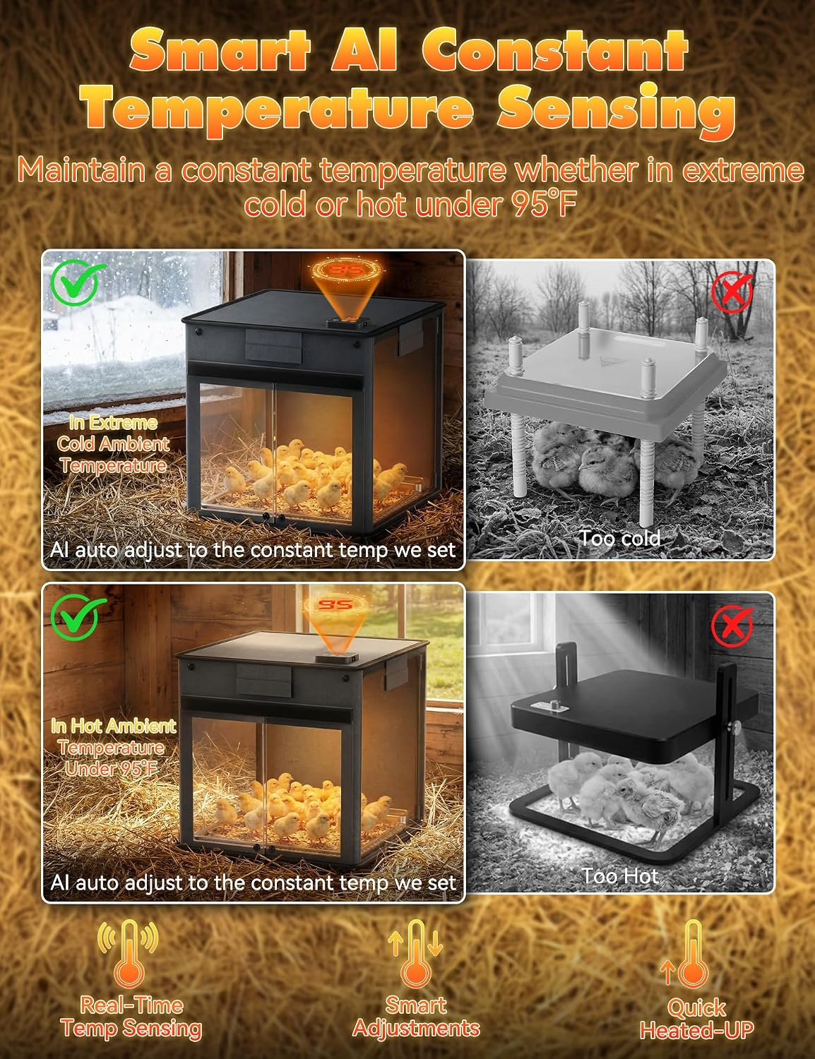 Brooder Box for Chicks,200W Chicken Brooder Heater with Adjustable Temp(77~95℉)&9H Timer&Removable Feeder