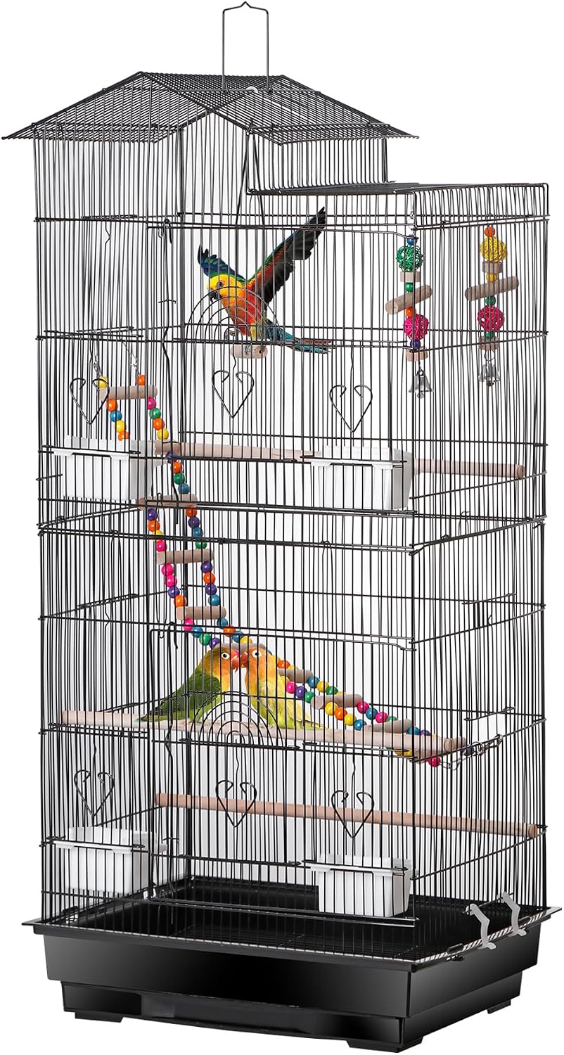 39-Inch Roof Top Bird Cage Large Flight Parrot Cage w/Toys for Small Quaker Cockatiel Sun Conure Parakeet Finch Green