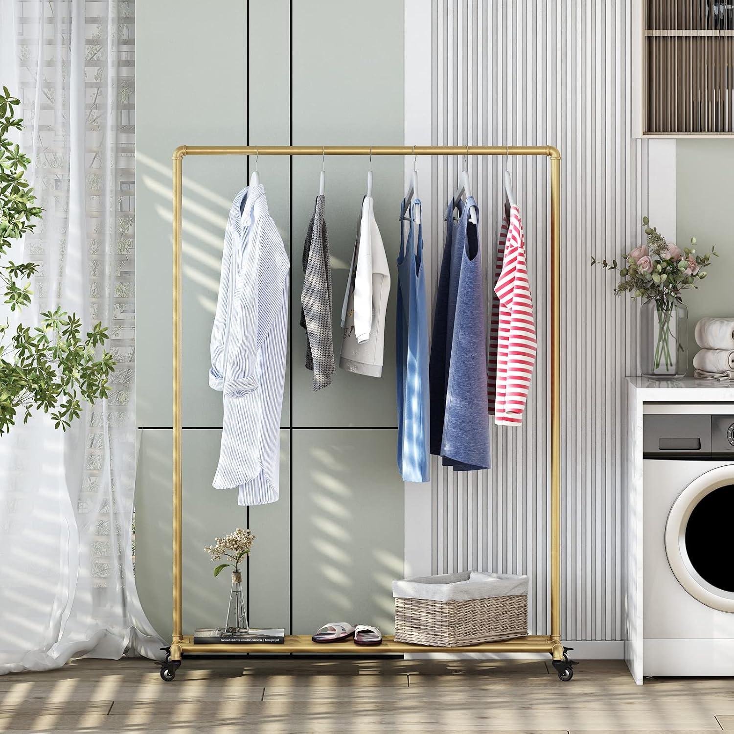 Industrial Gold Clothing Racks on Wheels, Boutique Display Gold Clothes Rack with Shelf, Rolling Garment Rack for