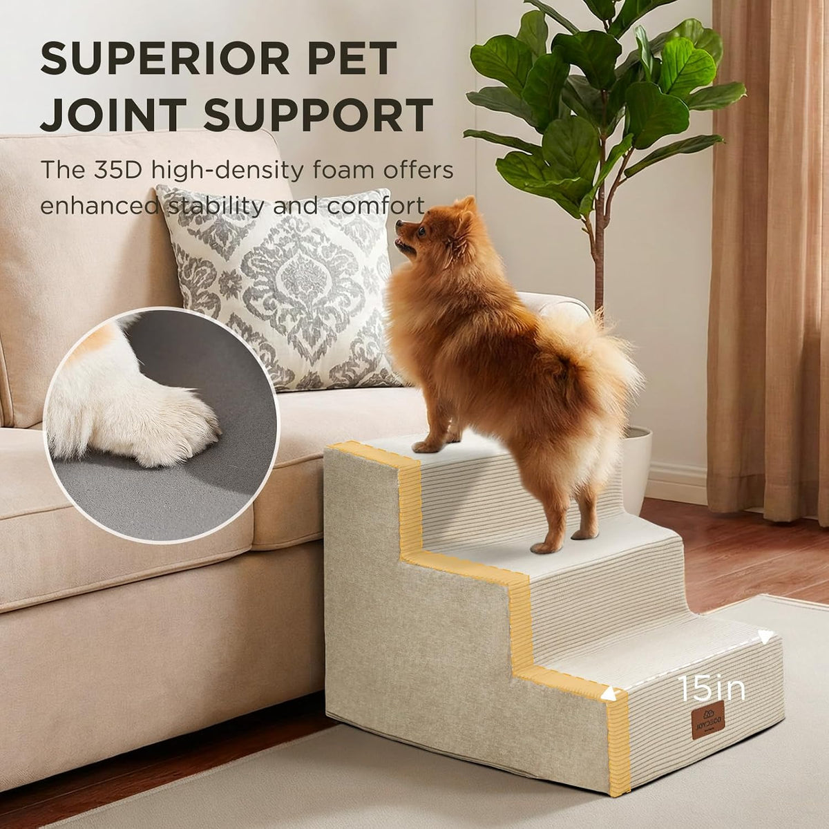 Dog Stairs for Bed 15" H, 3-Step Pet Steps for Small Dogs and Cats, Dog Steps for High Bed, Non-Slip Balanced Ramp
