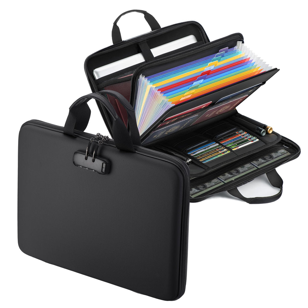Fireproof Document Box with Lock, 13 Pocket Accordion File Folder