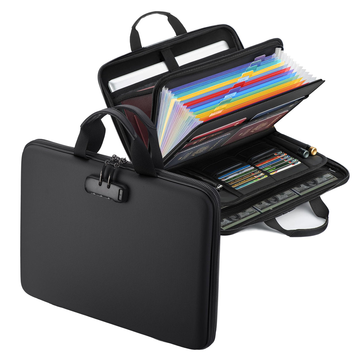 Fireproof Document Box with Lock, 13 Pocket Accordion File Folder