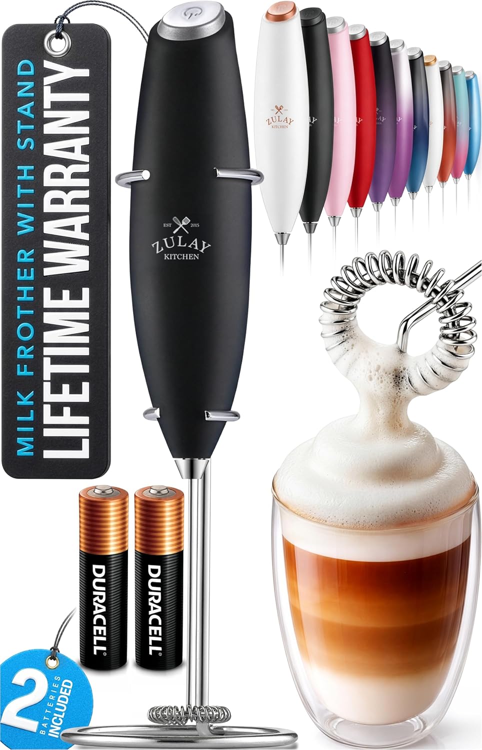 Powerful Milk Frother Wand With Duracell Batteries - Ultra Fast Handheld Drink Mixer - Electric Whisk Foam Maker for