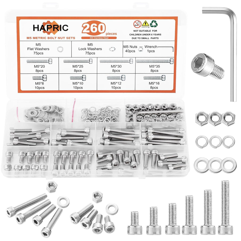 Hapric 260 Pcs M5 Screw Assortment Kit, M5x 8-35MM Bolts Kits