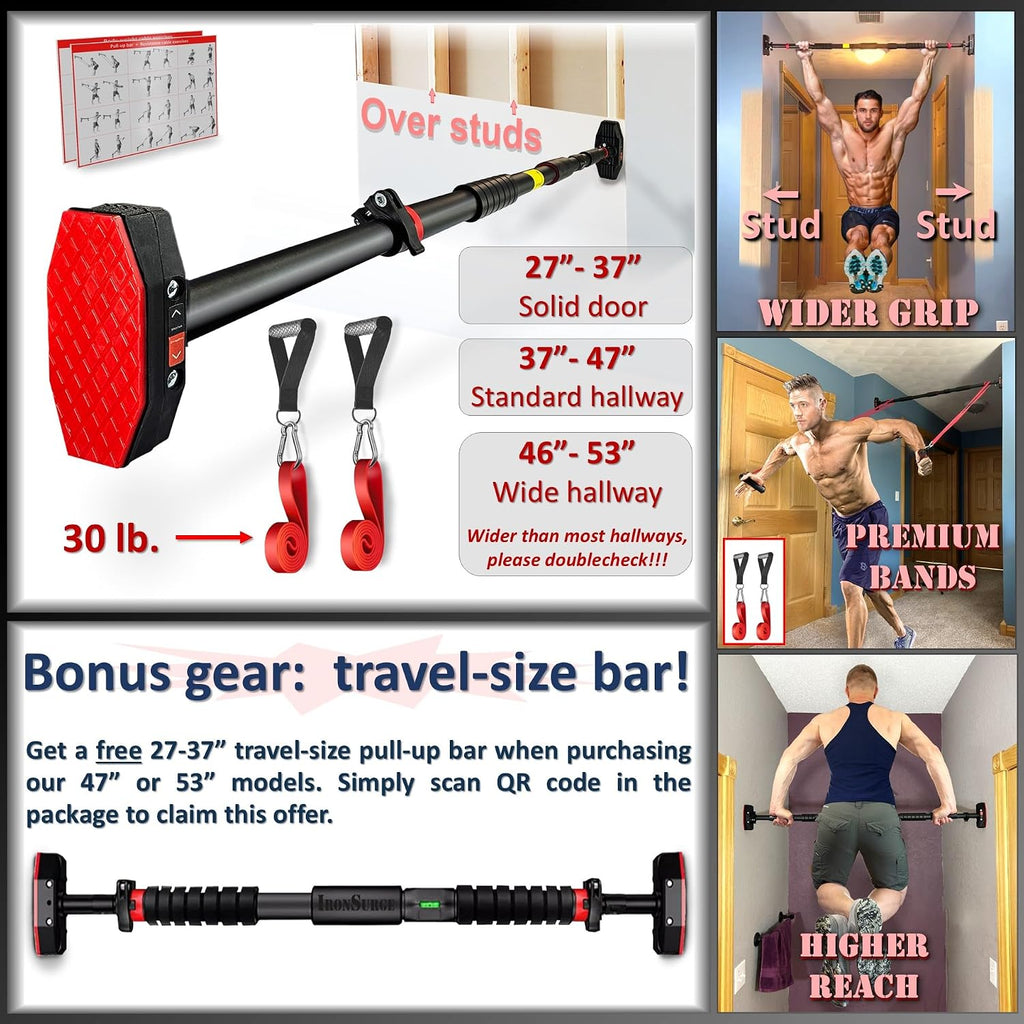 Pull Up Bar for Hallway or Doorway 6-piece Set with Two Attachable Resistance Bands/Handles, Training Manuals, No