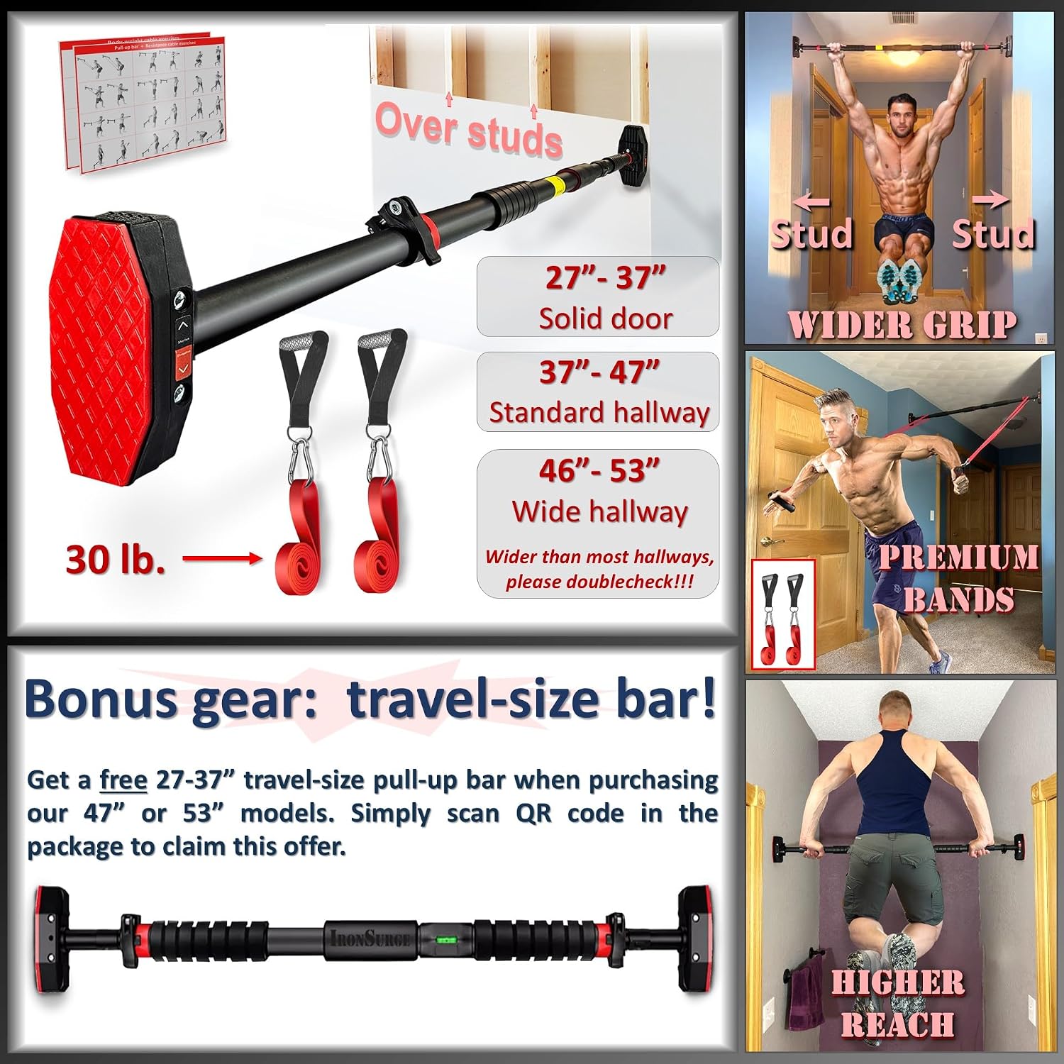 Pull Up Bar for Hallway or Doorway 6-piece Set with Two Attachable Resistance Bands/Handles, Training Manuals, No