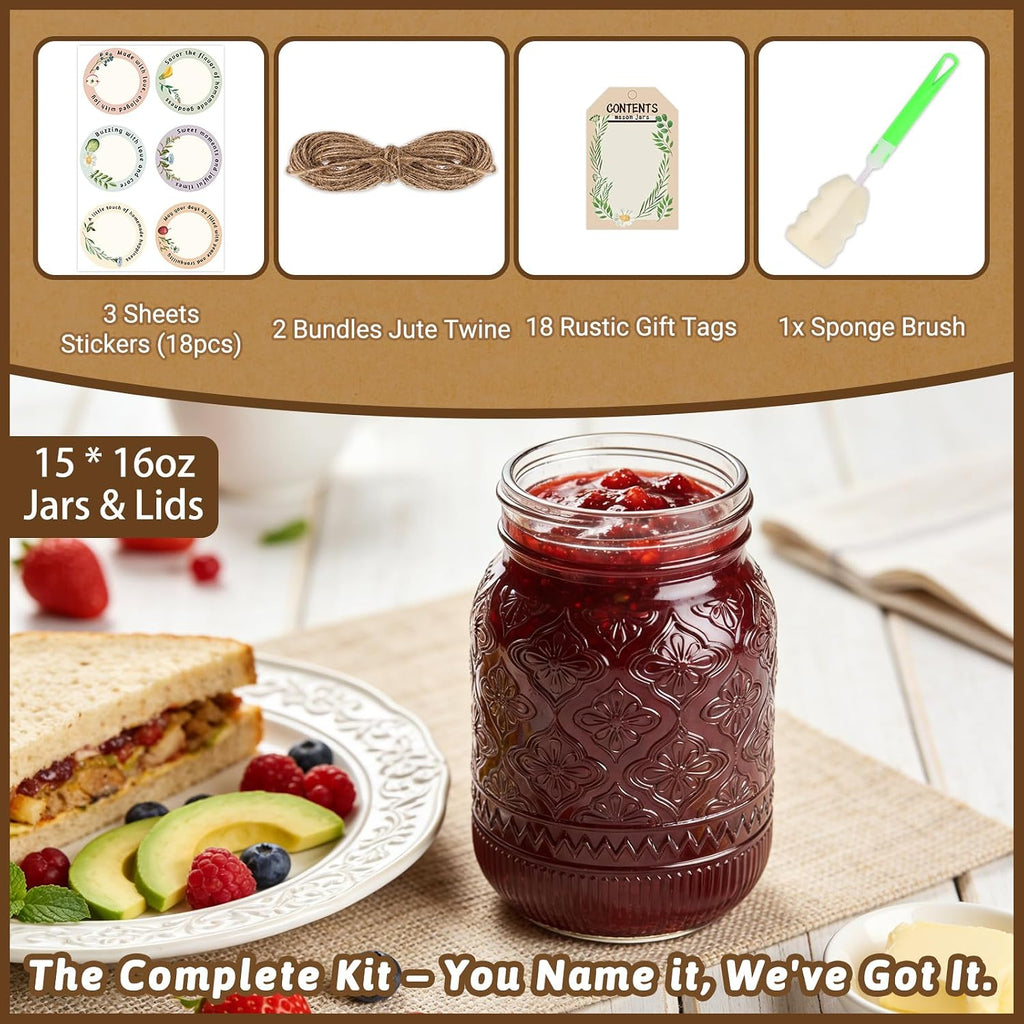 16oz Embossed Mason Jars 15-Pack with Airtight Lids and Bands