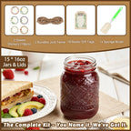 16oz Embossed Mason Jars 15-Pack with Airtight Lids and Bands