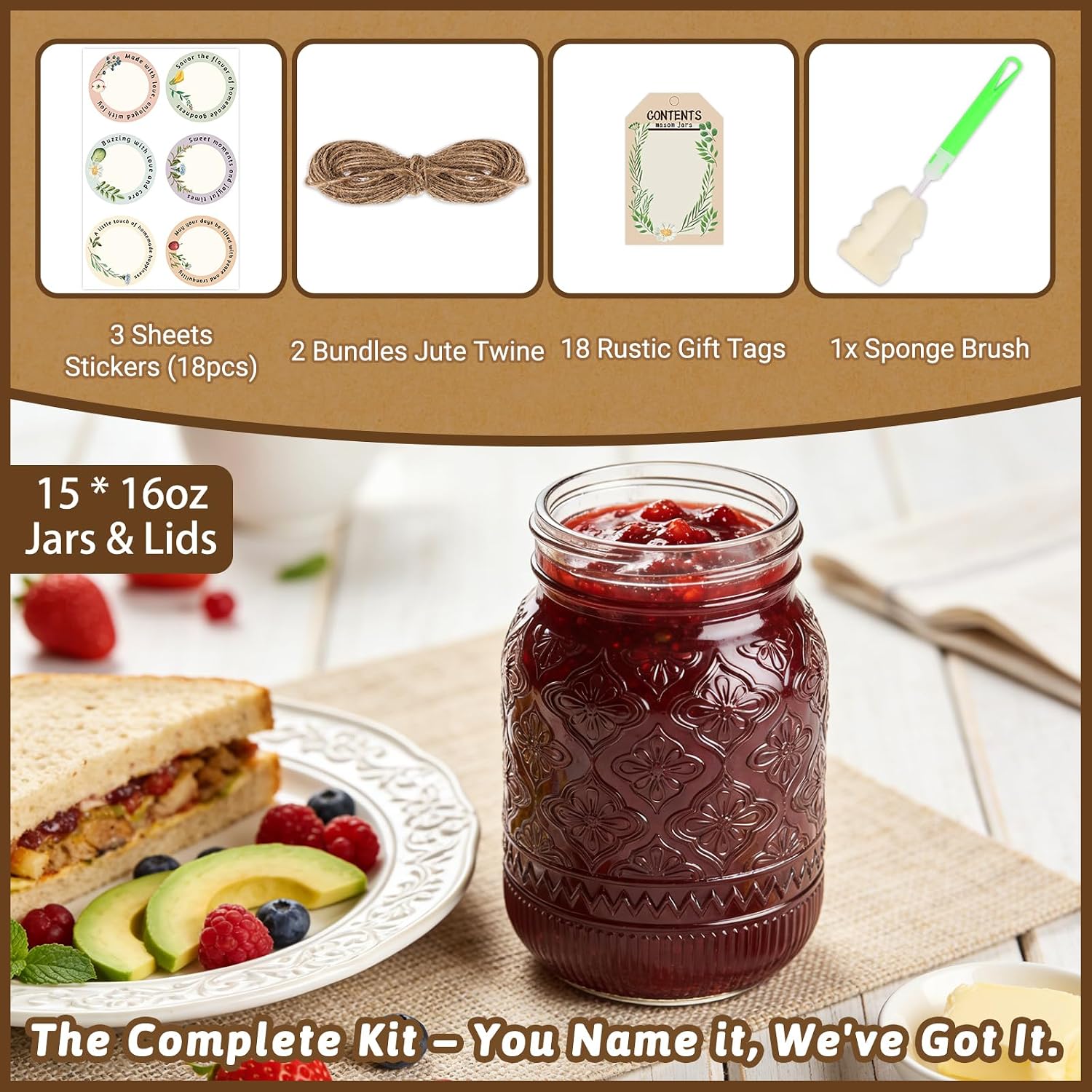 16oz Embossed Mason Jars 15-Pack with Airtight Lids and Bands