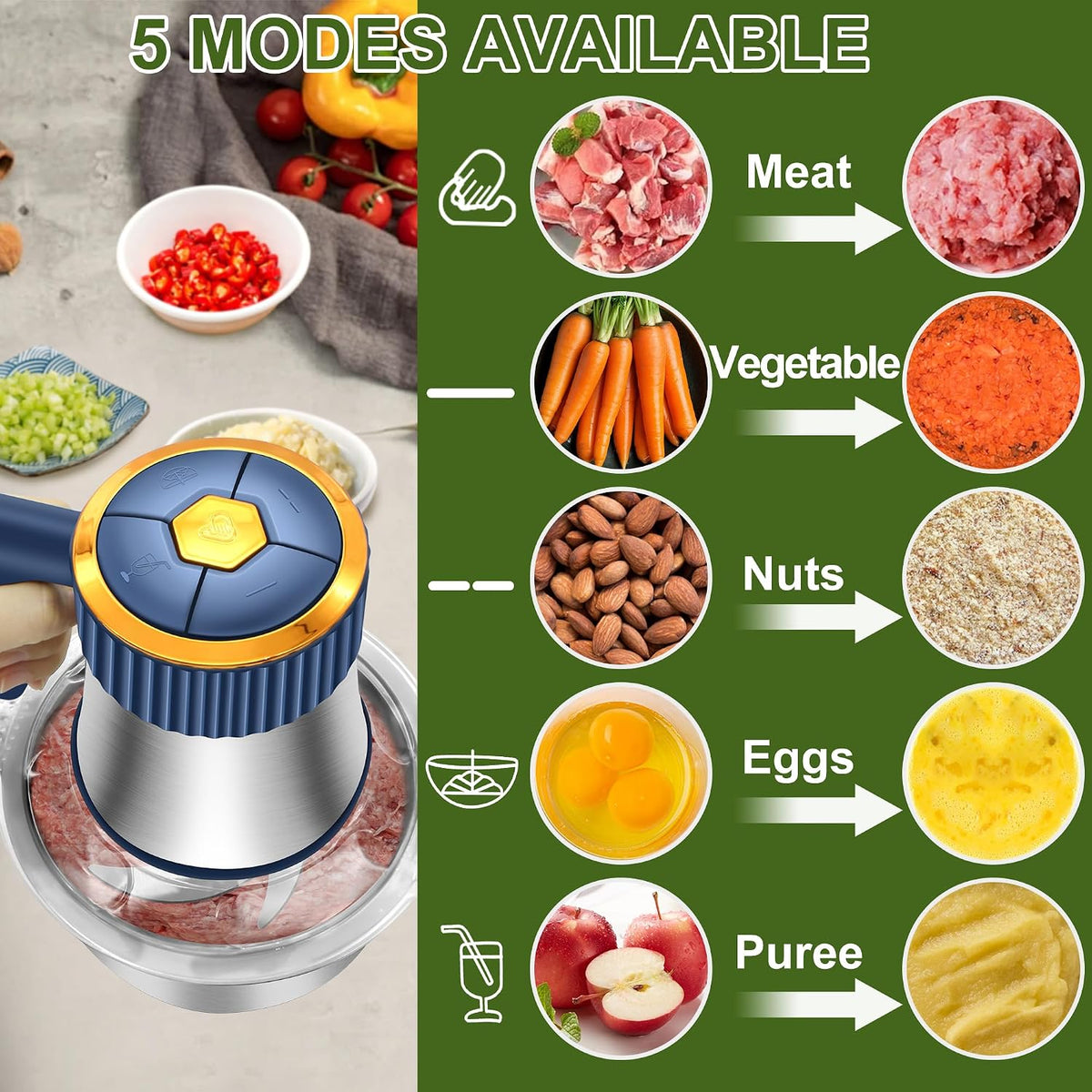 Food Processor, 5-Speed Food Chopper, Electric Meat Grinder, Blue | 2 Bowls (8 Cup+8 Cup) & 2 Sets of Blades, Meat