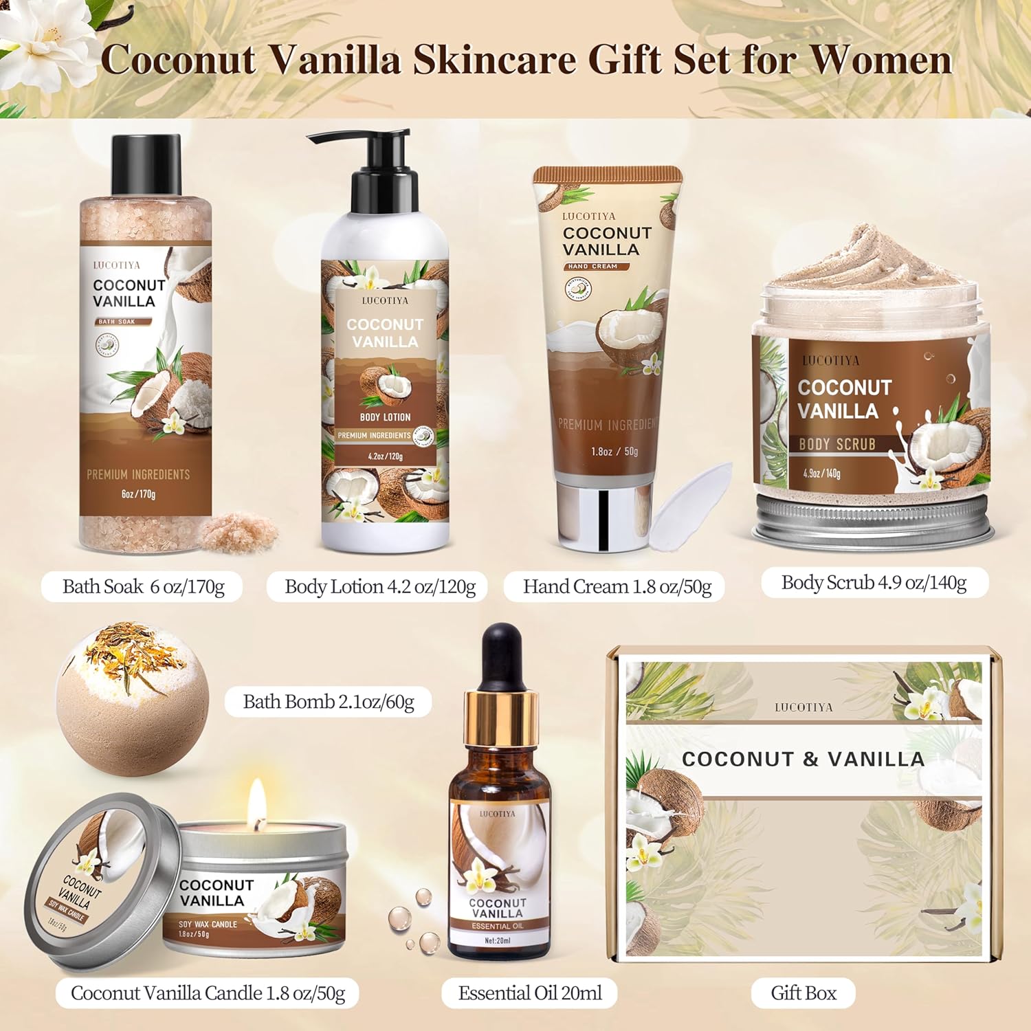 Gifts for Women, Birthday Gifts for Women, Bath and Body Gifts Set, Vanilla Coconut Spa Gift for Self Care,Thank you