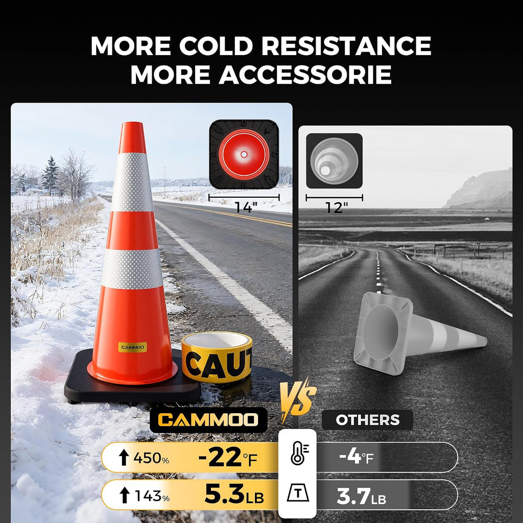 10 Pack 28 Inch Traffic Cones with Black Base | From -22℉ to 131℉, MUTCD-Compliant Orange Safety Cone, Reflective