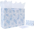 16.5" Extra Large Blue Floral Gift Bag Set with Handles, Greeting Card, White Tissue Papers and Stickers for Women