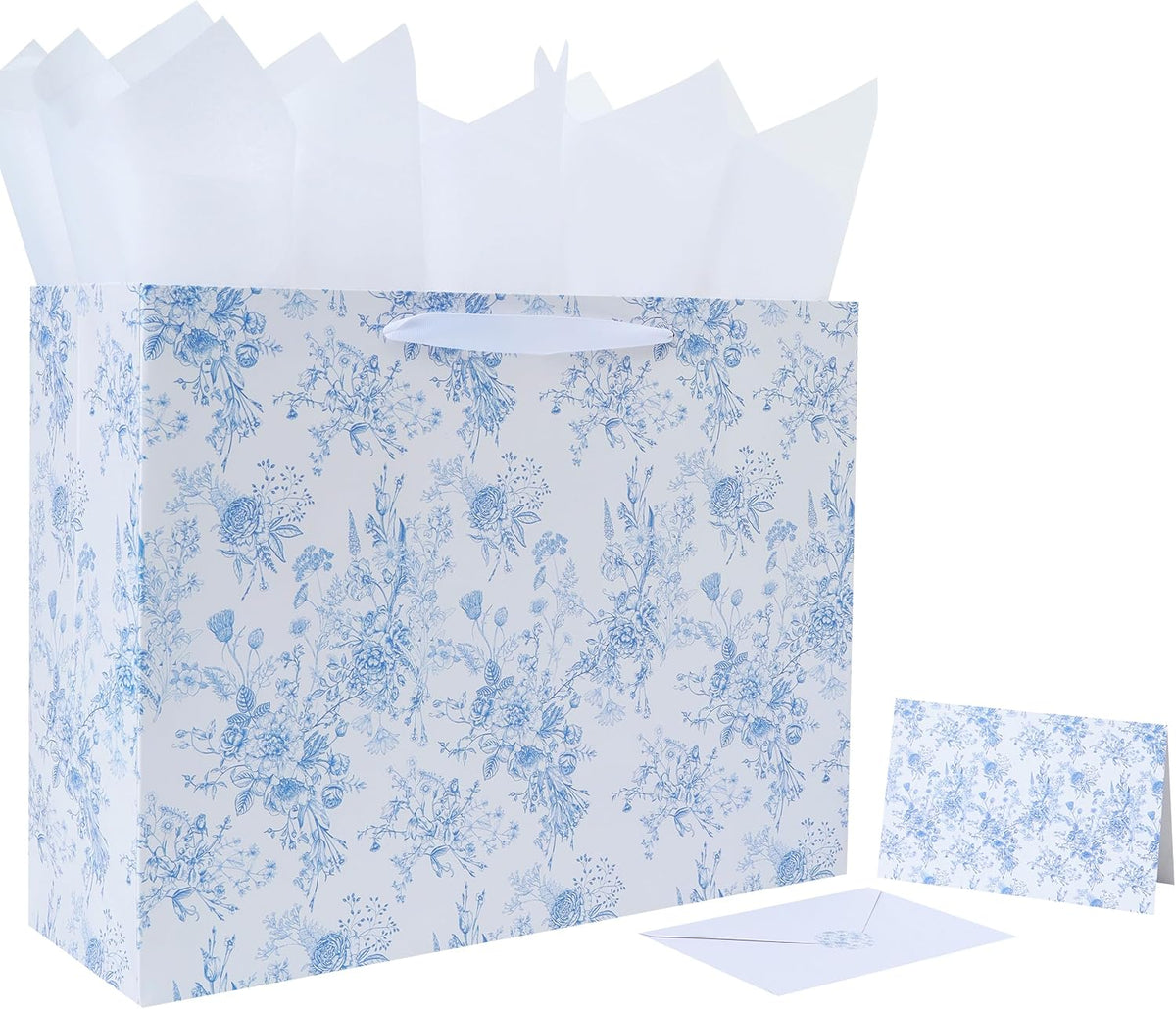 16.5" Extra Large Blue Floral Gift Bag Set with Handles, Greeting Card, White Tissue Papers and Stickers for Women