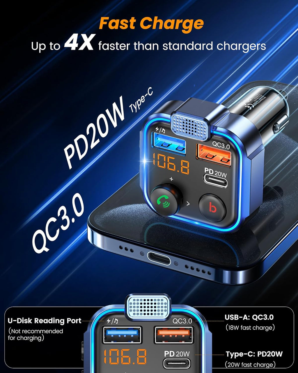 FM Transmitter in-Car Adapter, Wireless Bluetooth 5.3 Radio Car Kit | Type-C PD 20W+ QC3.0 Fast USB Charger