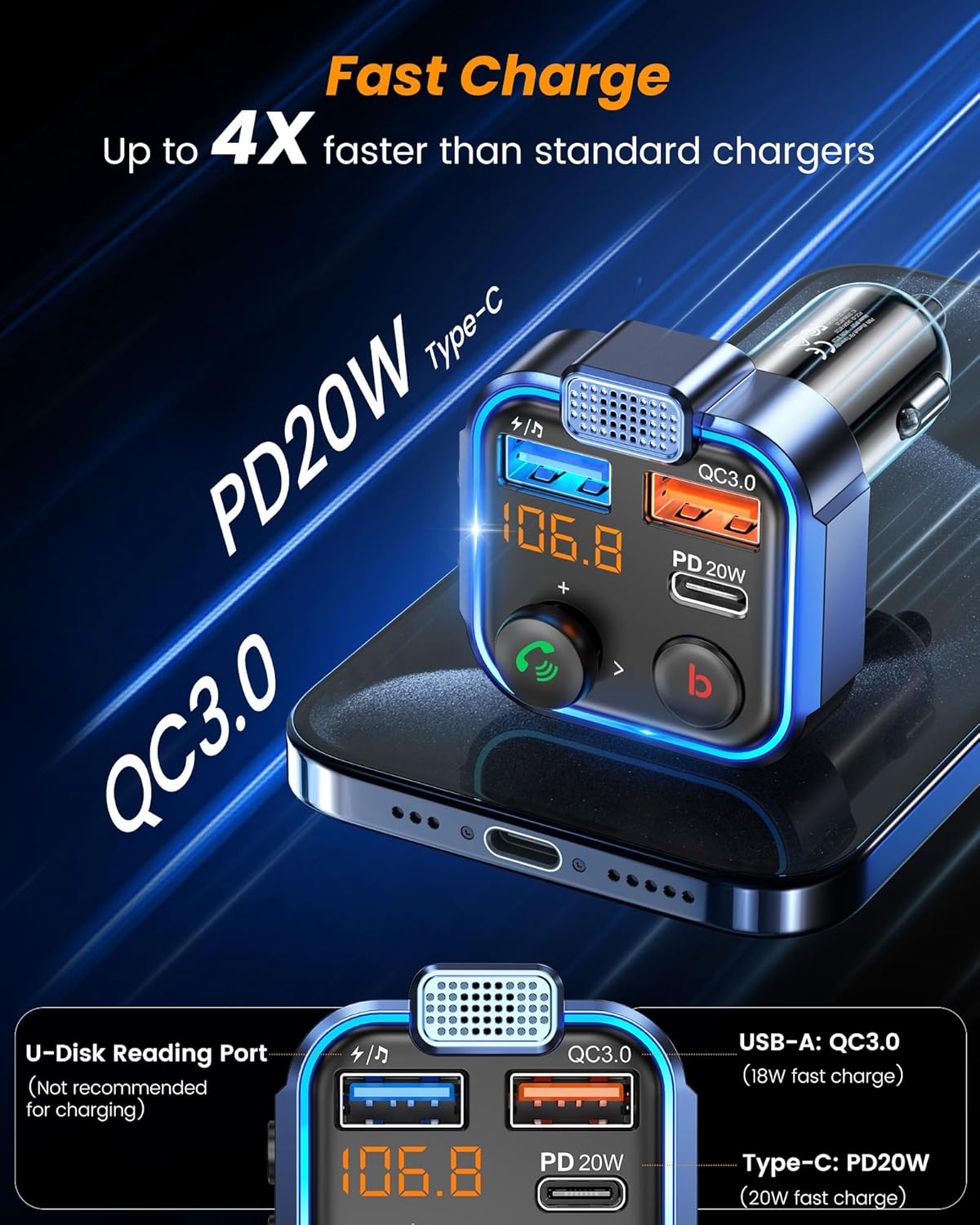 FM Transmitter in-Car Adapter, Wireless Bluetooth 5.3 Radio Car Kit | Type-C PD 20W+ QC3.0 Fast USB Charger