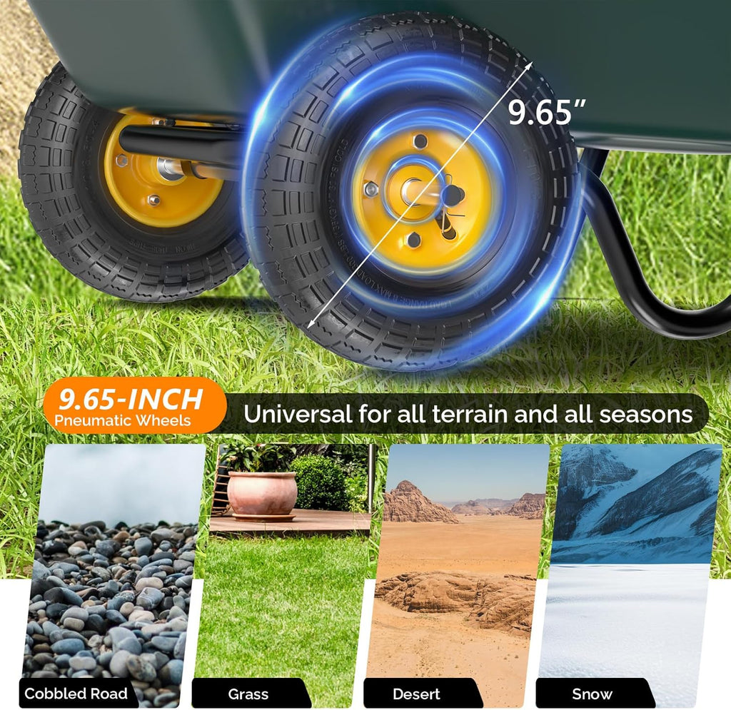 2 Wheel Wheelbarrow, Plastic and Steel Wheel Barrel, 330lbs Capacity Garden Cart for Lawn, Gardening, Construction
