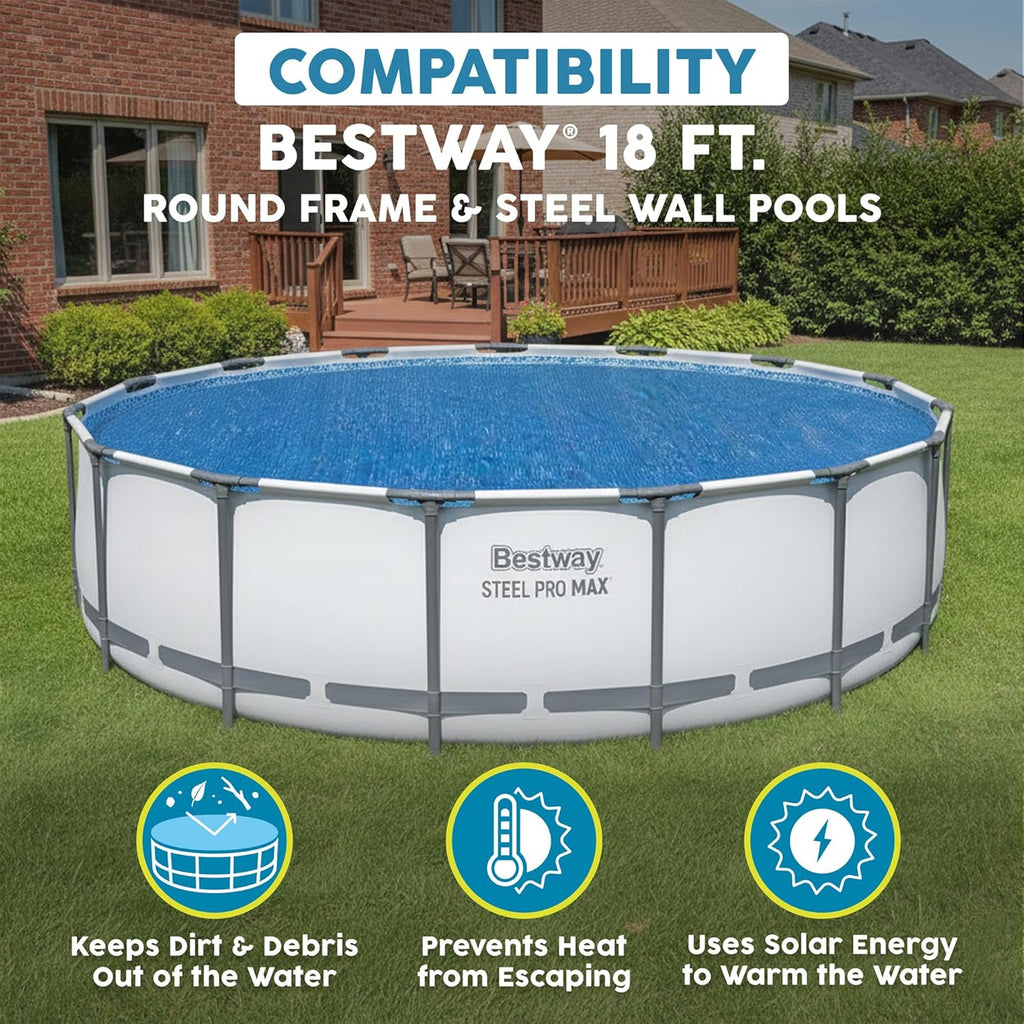 Round Solar Pool Cover for 18' Above Ground Pool - Frame and Steel Wall Models, Solar Heating Protector with Outdoor