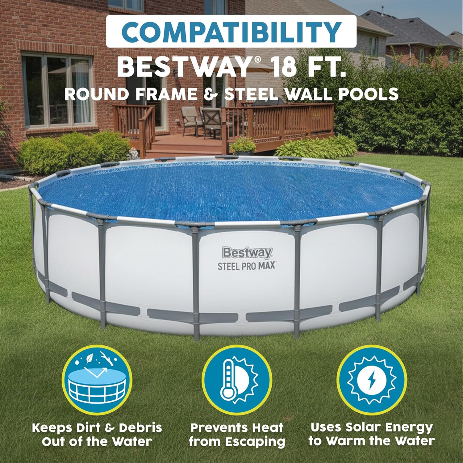 Round Solar Pool Cover for 18' Above Ground Pool - Frame and Steel Wall Models, Solar Heating Protector with Outdoor