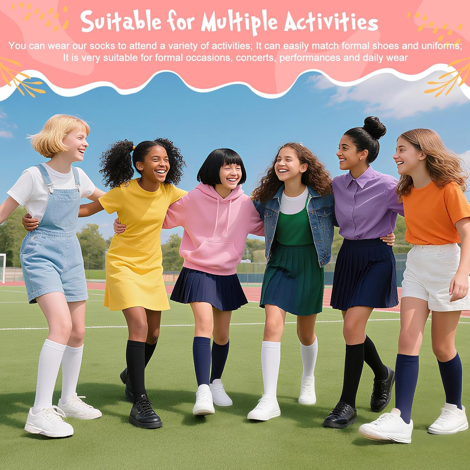 4 Pairs Calf Knee High Sock for Girl Kid Boy, Cotton School Uniform Unisex Solid Seamless Sock for Dress