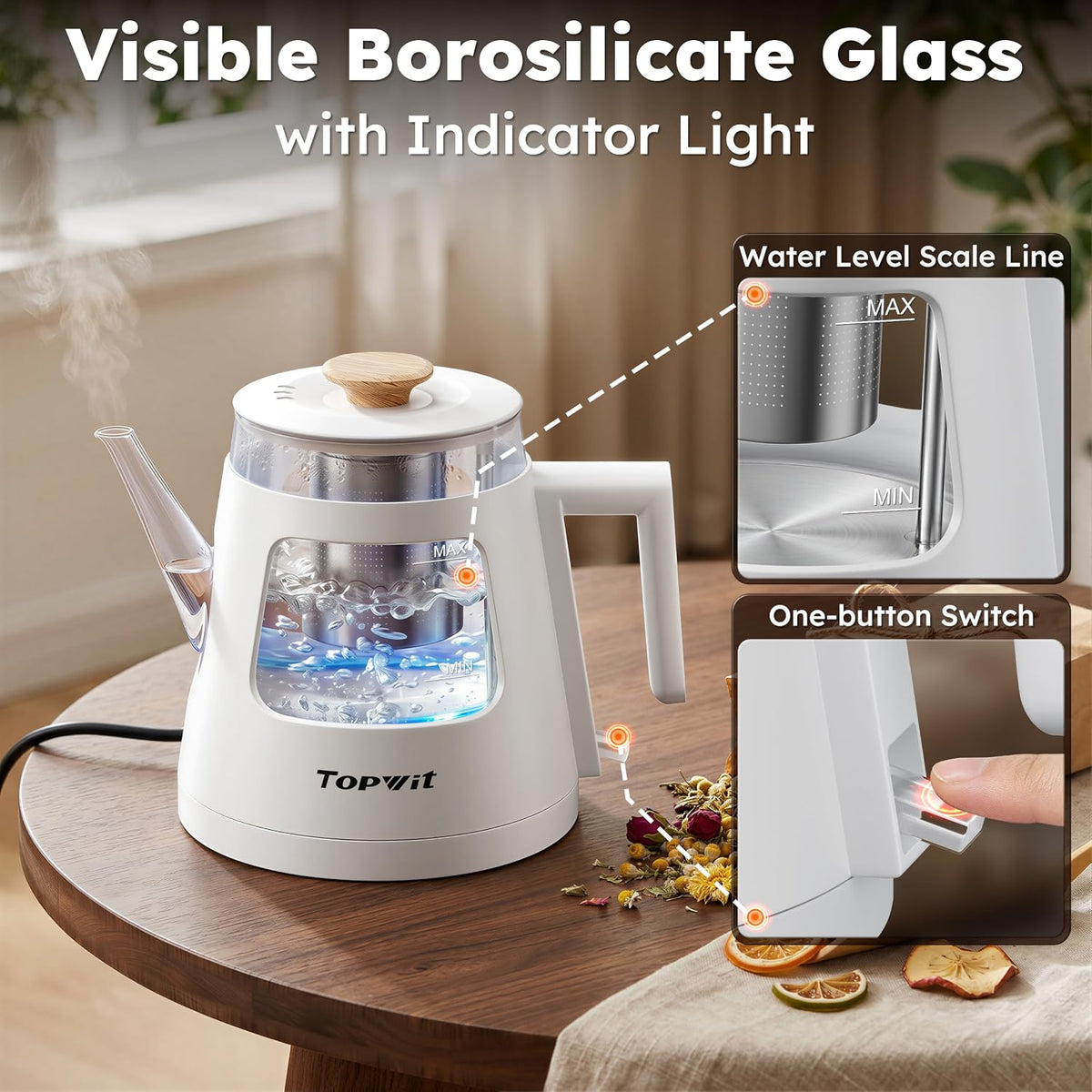 1L Gooseneck Electric Tea Kettle, Glass Electric Kettle, BPA-free | Removable Stainless Steel Tea Infuser, Visible